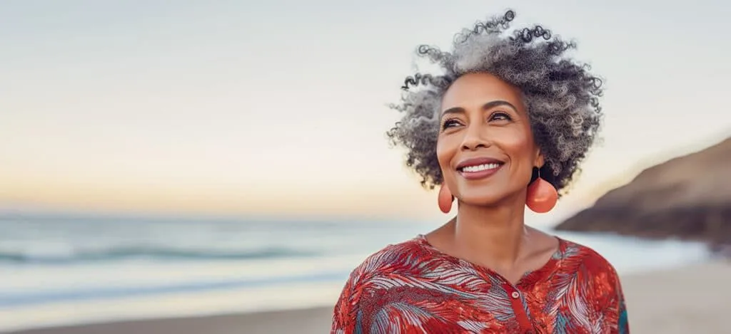Smiling woman enjoying a walk on the beach at sunset